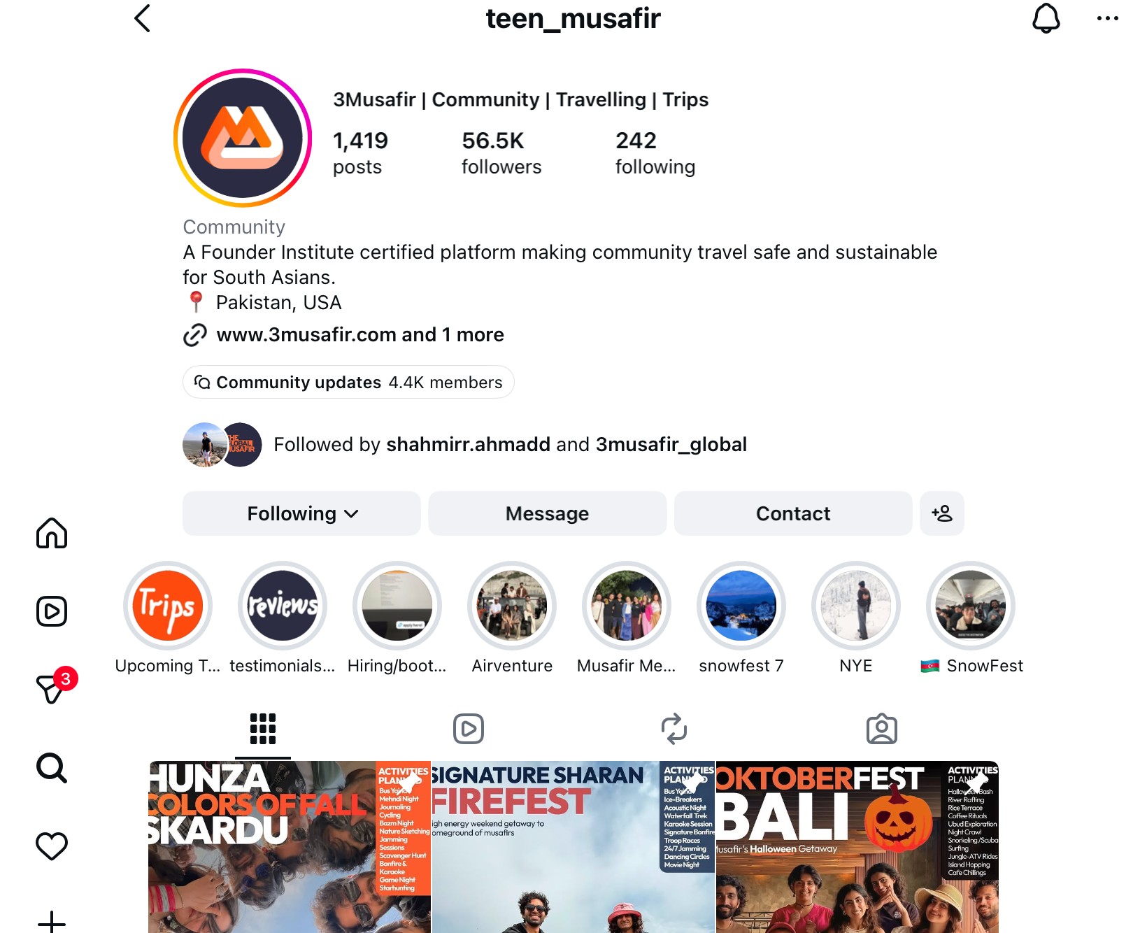 @teen_musafir Instagram — 56.5K followers, branded trip content