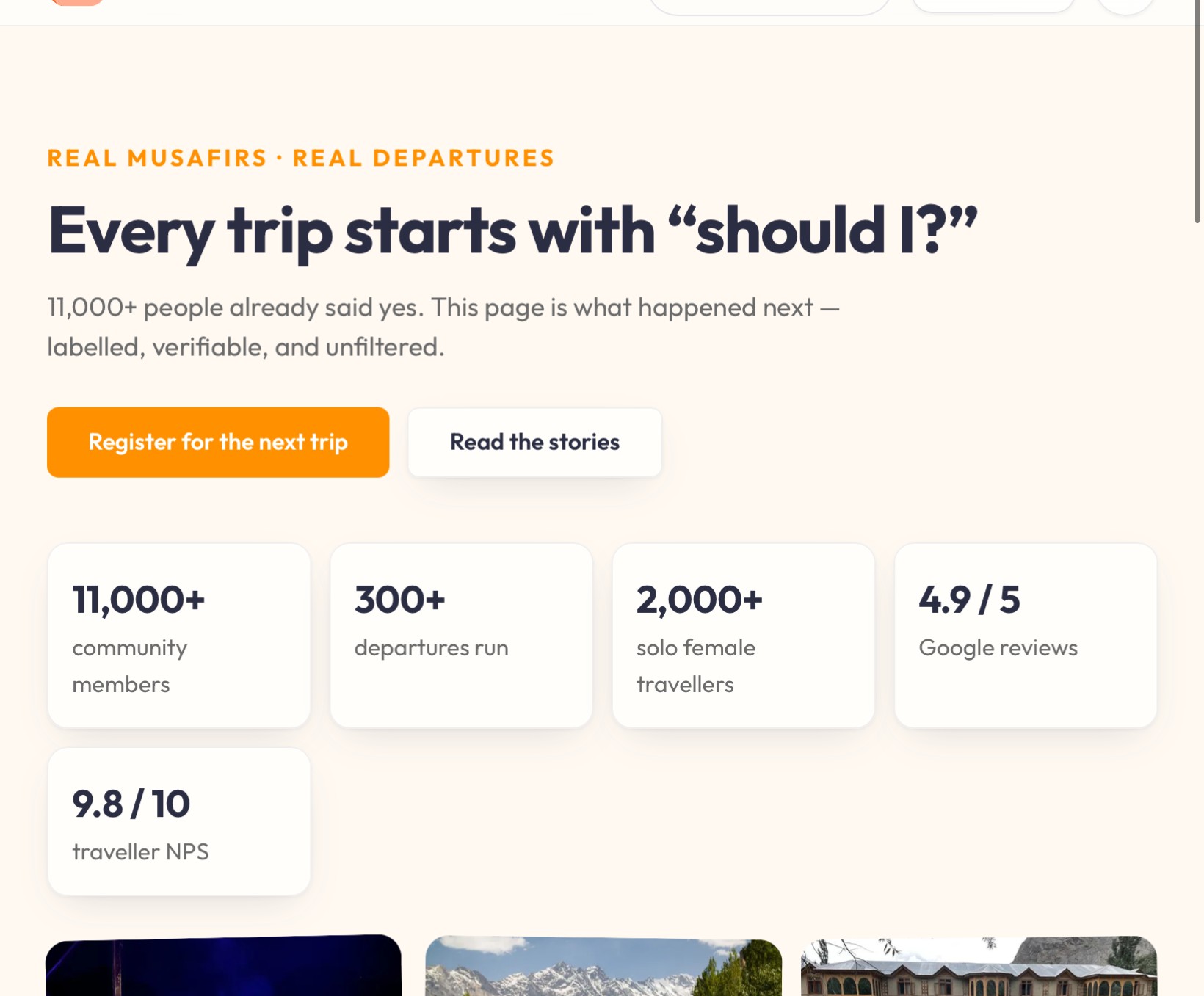 3musafir.com — interactive stats, trip cards and community proof points