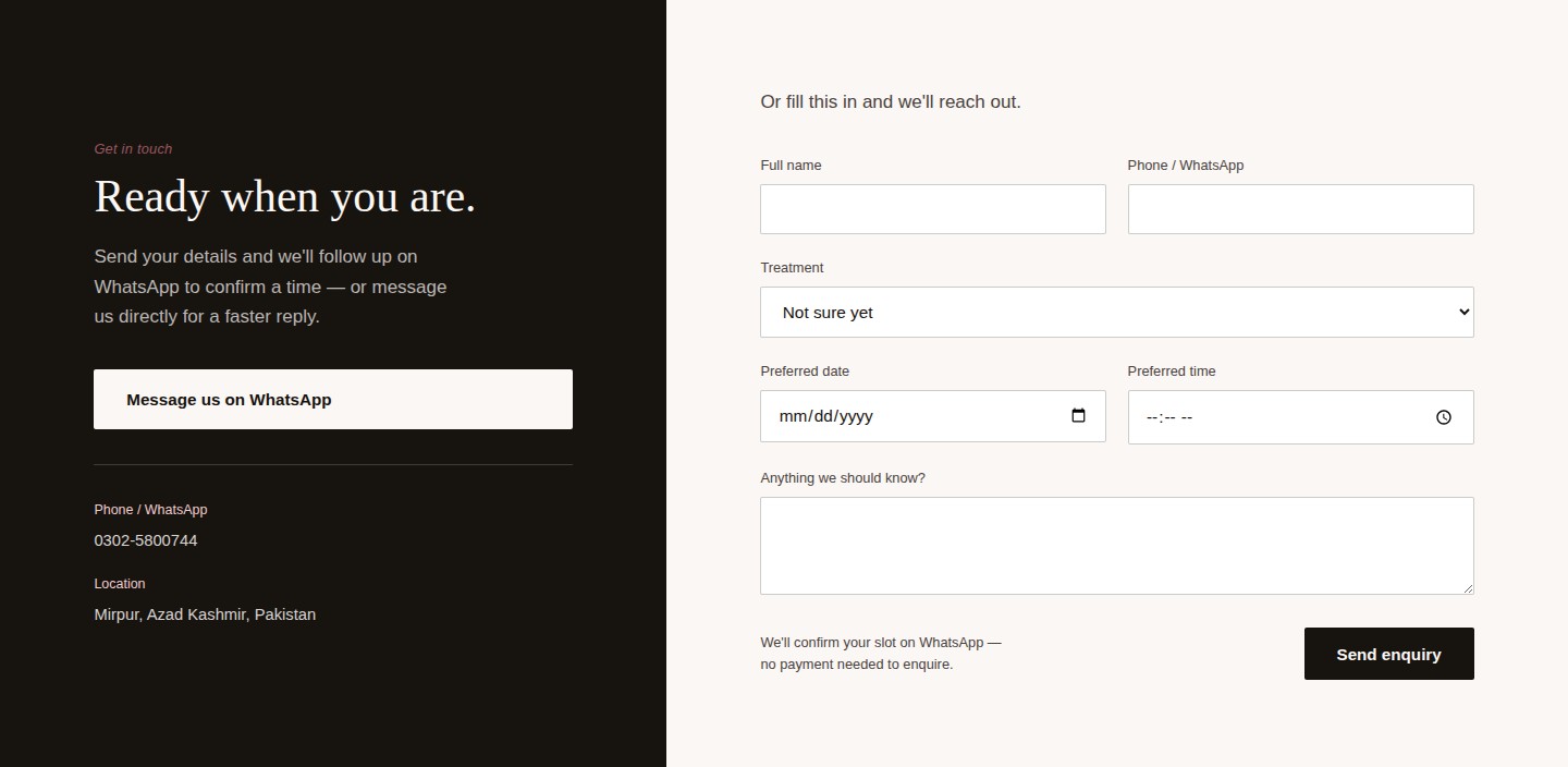 Revive Aesthetics booking form and contact details